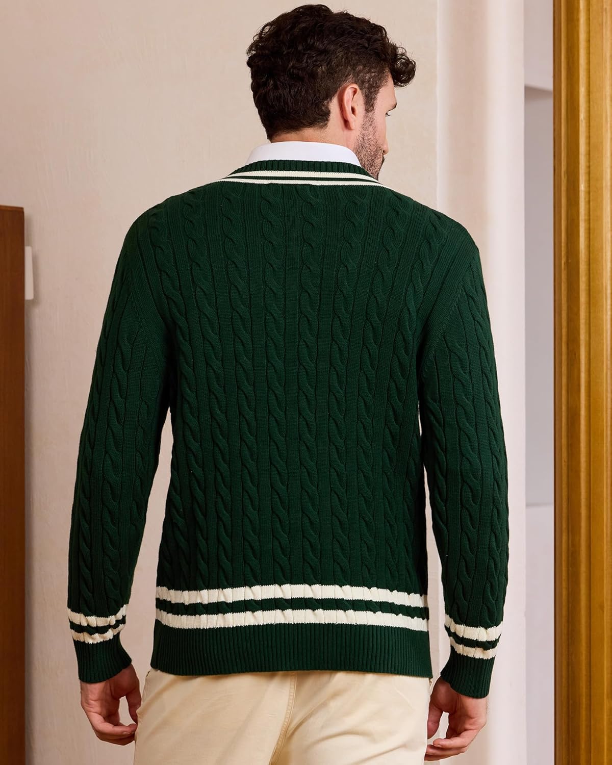 Kallspin Mens V Neck Sweater Pullover Pure Cotton Cable Knit Preppy College Style Knitwear Long Sleeve - Image 3