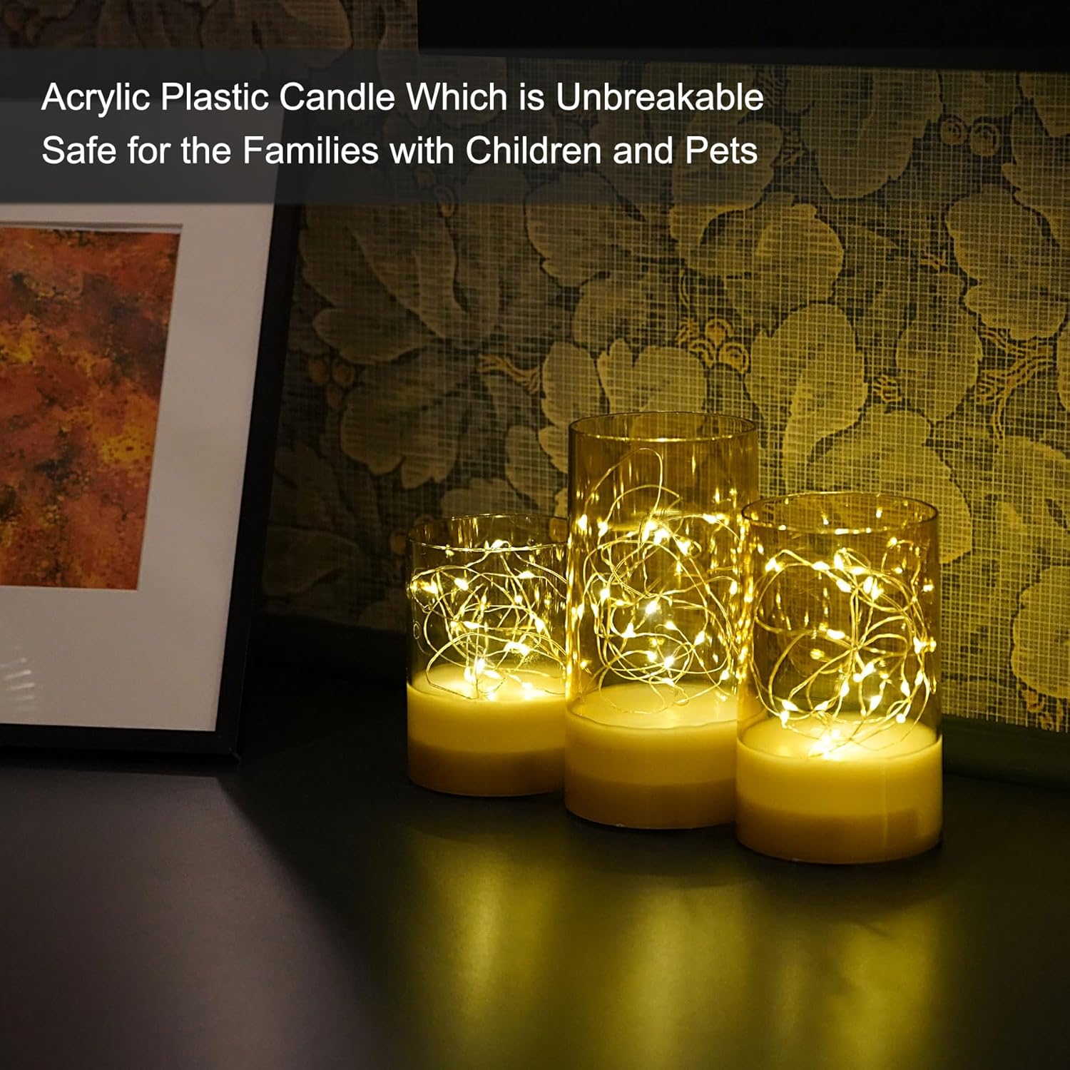 Fanna 3 Fairy Light Candle Lanterns with Remote for Table Centerpiece Decor, Embedded Twinkle String Lights in Battery Operated Flameless Candles for Christmas - Gold Acrylic - H 4"/5"/6"