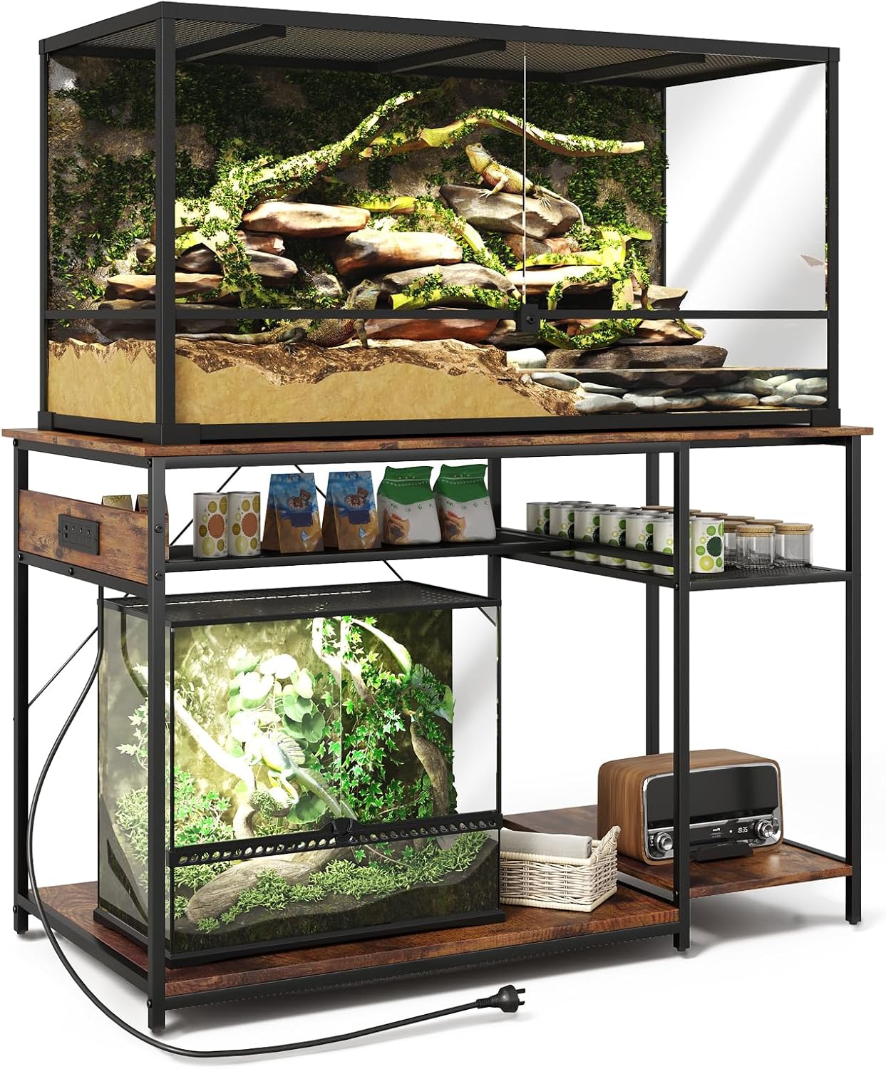 Reptile Tank Stand with Power Outlets，48″ X 24″ Tabletop Fits up to 120 Gallon Bearded Dragon Enclosure Stand，Double Snake Terrarium Table with Light