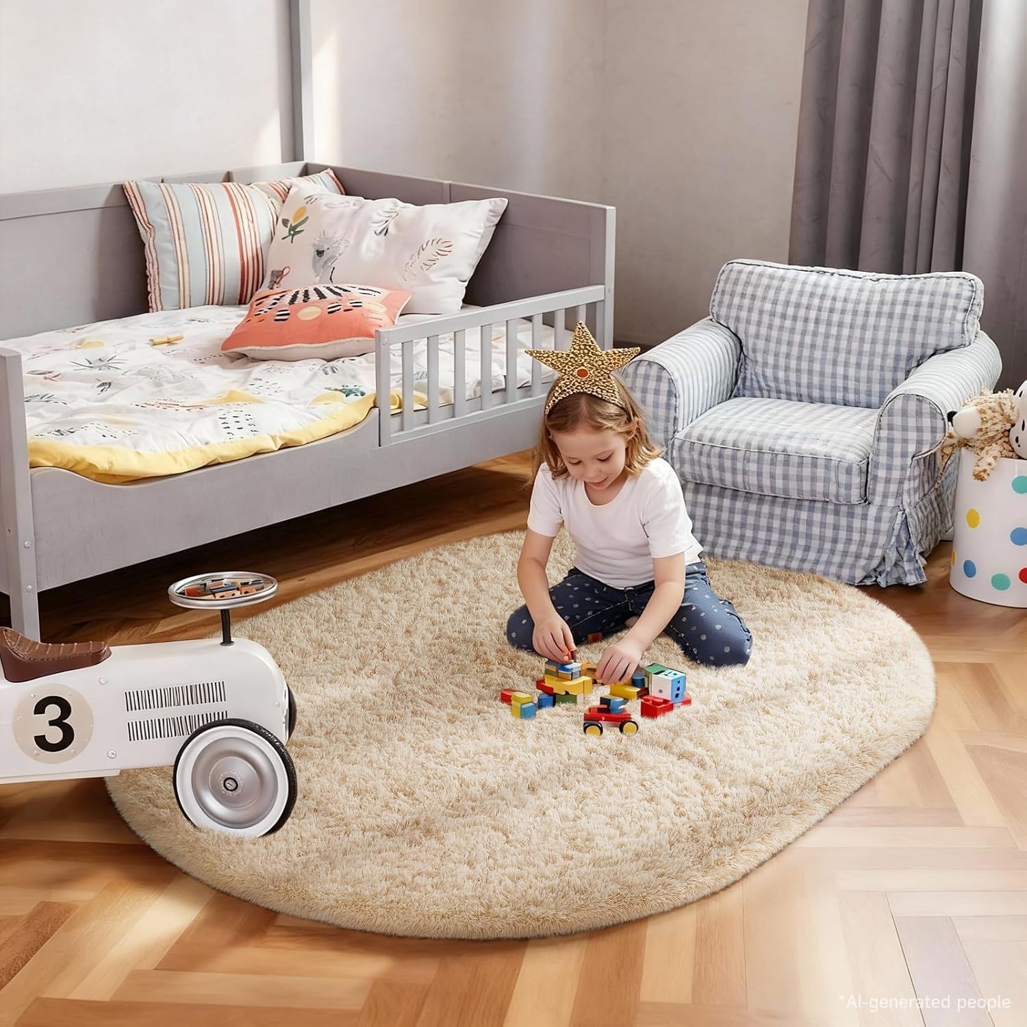 Ophanie 3x5 Oval Rug, Bedside Preppy Dorm Area Rug, College Essentials Non Slip Beige Small Carpets for Bedroom, Anti Slip Fluffy Living Room Rugs Home Decor Aesthetic, Nursery thumbnail