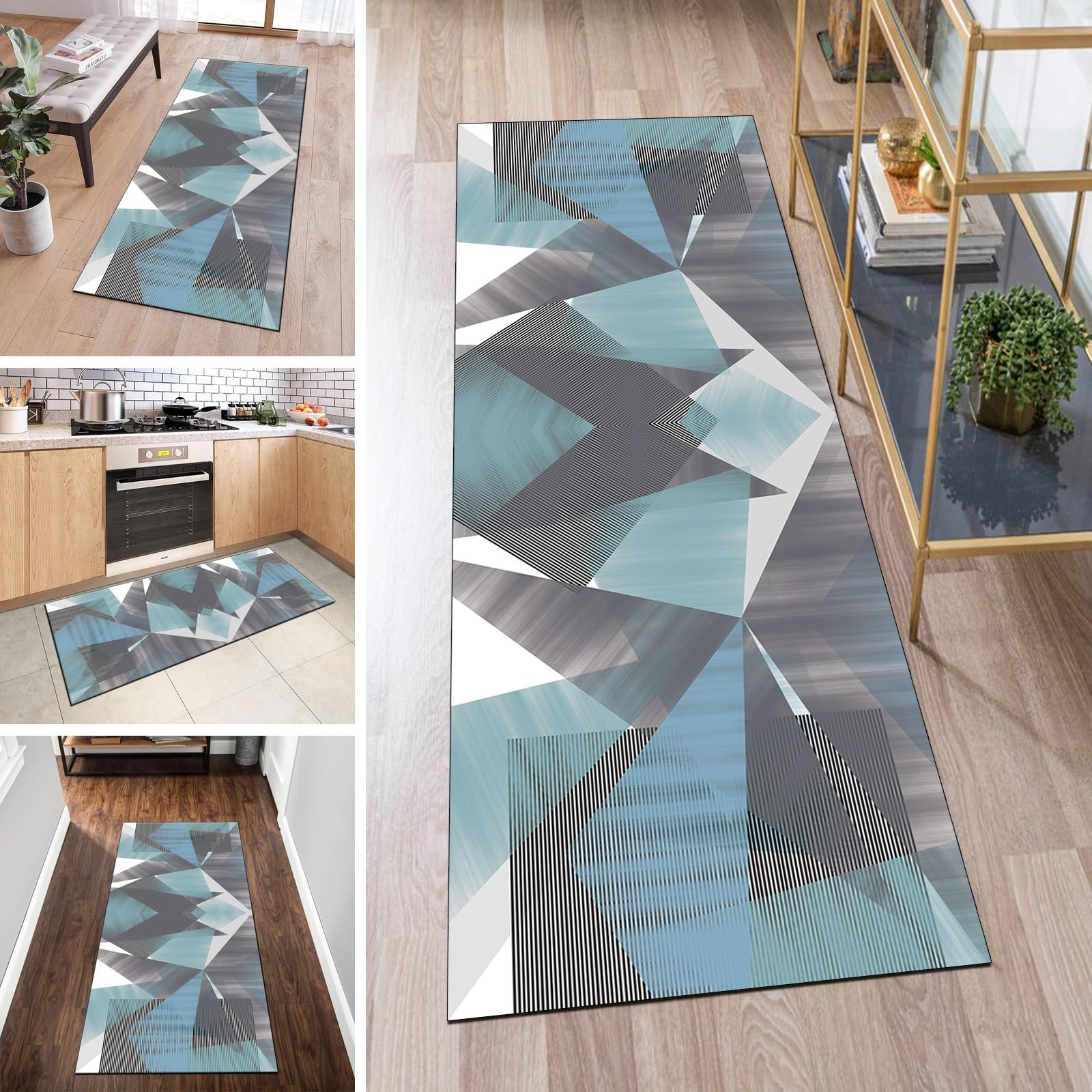 Alfombra pasillo gris y verde moderna lavable antideslizante de 3 x 9.8 pies