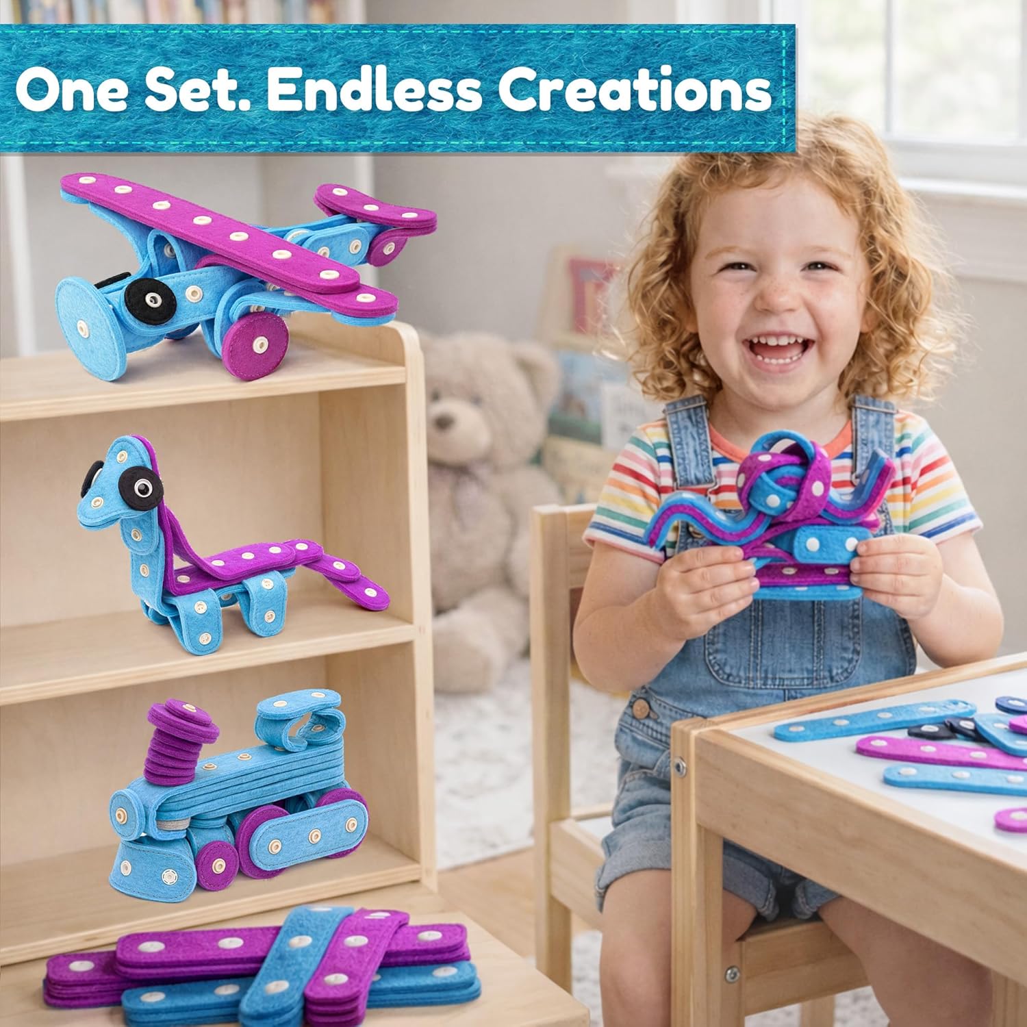 Soft Felt Building Kit for Toddlers DIY Stackable Learning Toy 37 Piece Creative STEM Construction Airplane Train Animal Builds Easter Basket Gift