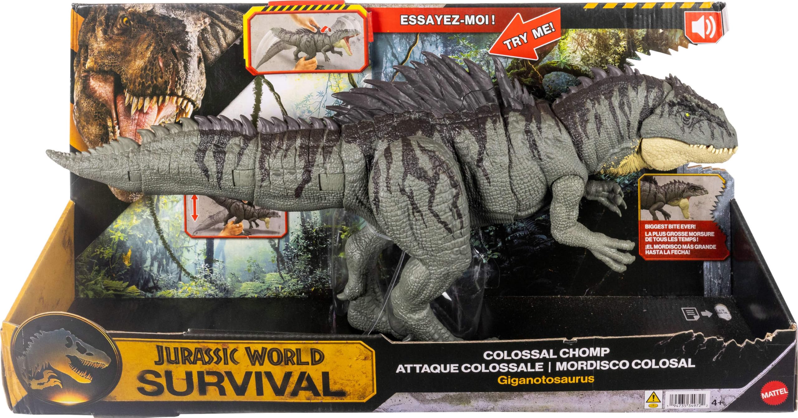 Mattel Jurassic World - Giganotosauro Fauci Colossali, dinosauro lungo 70+ cm con attacco multidirezionale e ruggiti feroci, controlla le spine sul dorso per sferrare la mossa, JKG93