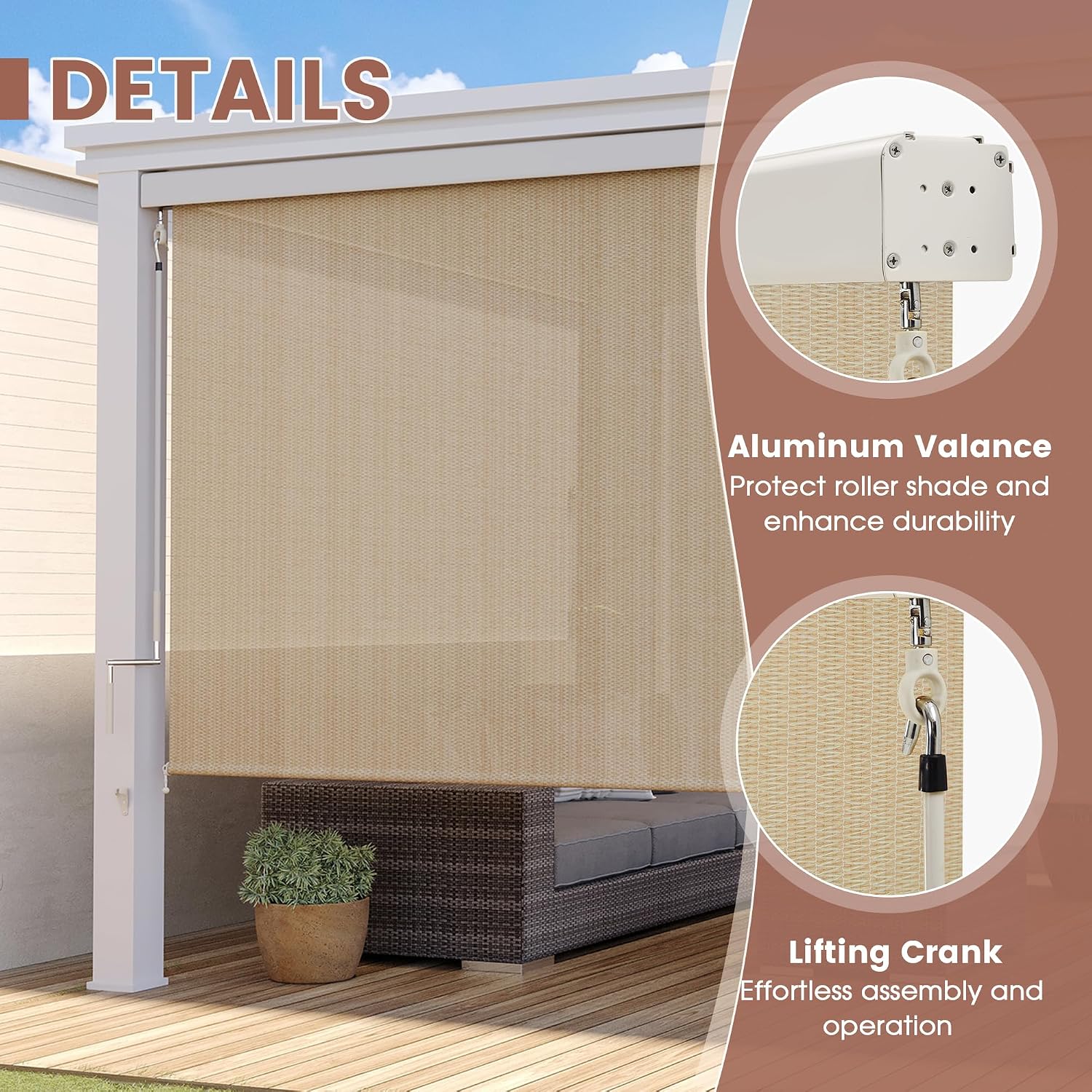 Outdoor Cordless Roller Shade 4'W×8'L, Exterior Patio Roll Up Blind with Aluminum Valance, 220GSM for Porch Deck Balcony, Wheat