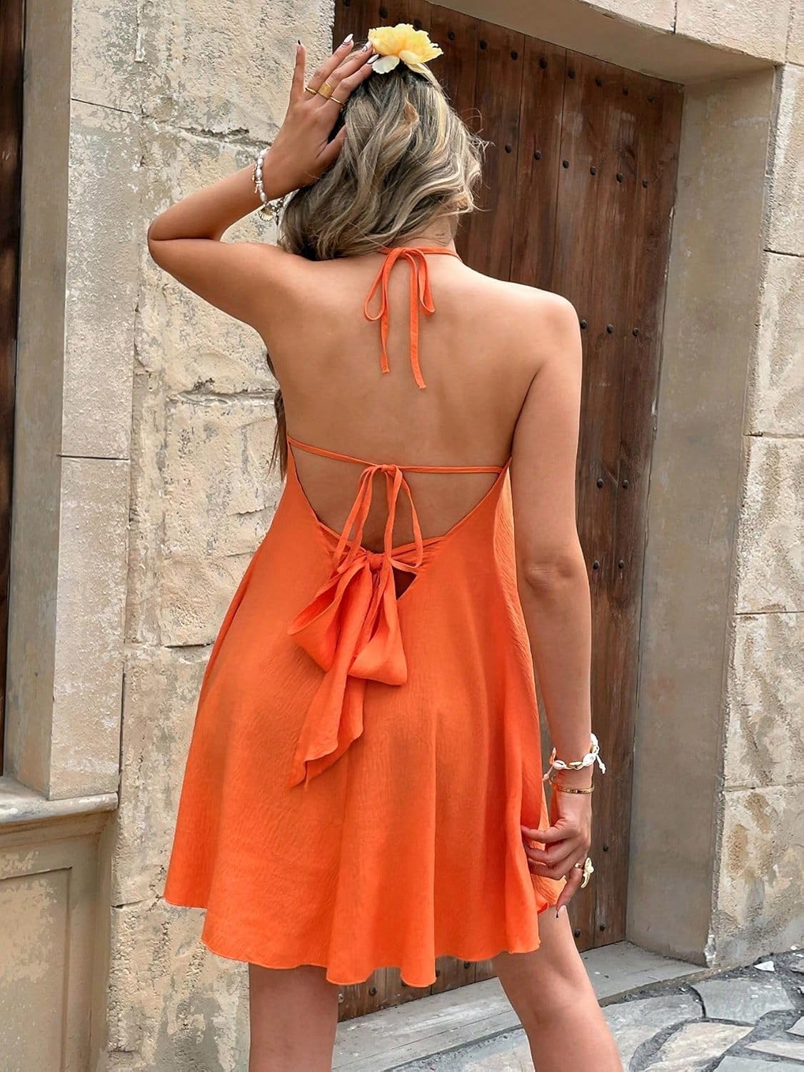 SKAYS Women's Halter Neck Backless Sleeveless Mini Dress Flowy A Line Casual Back Bow Tie Short Dresses - Image 2