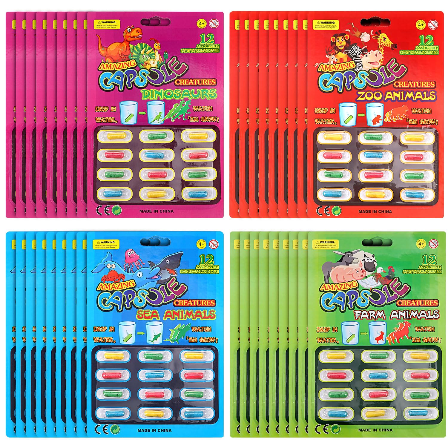 Sumind 36 Pcs Magic Capsules 4 Theme in Water Animals Toys Dinosaur Sea Farm Zoo Animal Capsules Water Toys Party Cognition Sponge Pills Toys Bath Expanding Foam Animal Toy