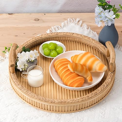 Miniatura 6 de Bandeja decorativa redonda grande de bambú con hierba marina tejida, bandejas redondas de 16 pulgadas con asa para mesa de café, decoración del