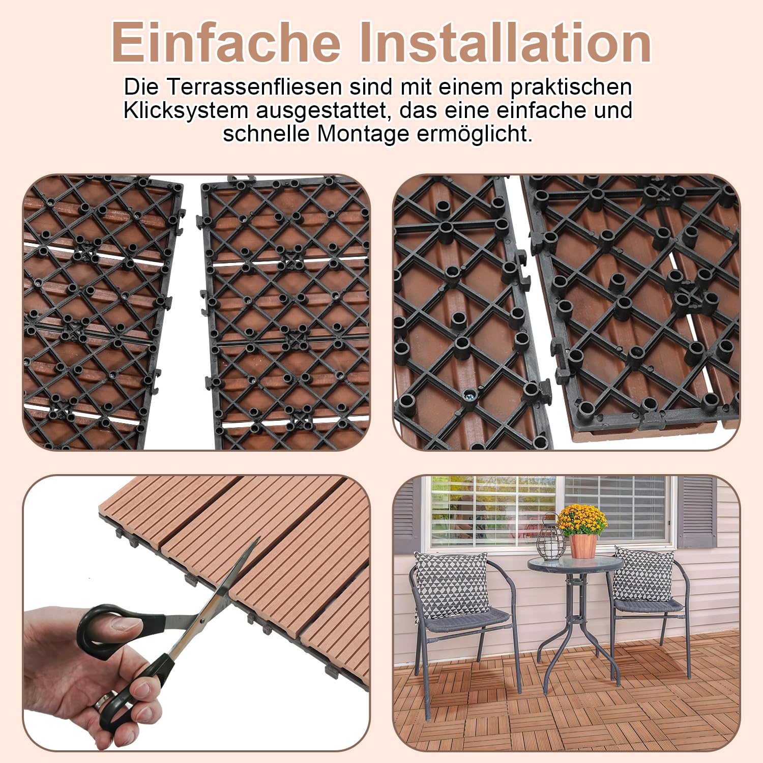 36 azulejos de terraza de WPC, 30 x 60 cm, baldosa de suelo para balcón, azulejos de jardín con sistema de clic, para terrazas, balcones, resistentes al agua para terraza, para 6 m², color