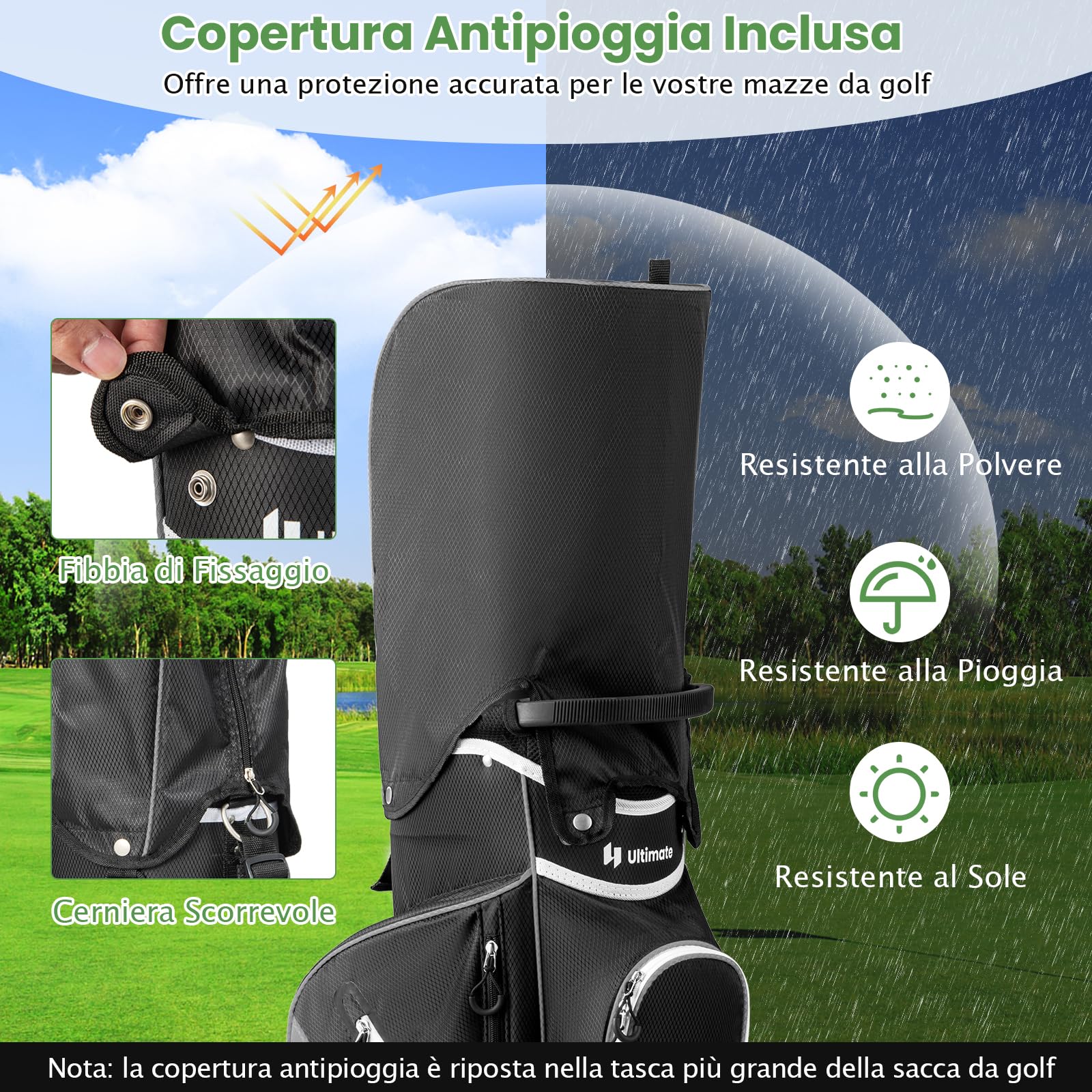 GYMAX Sacca da Golf per Carrello, con Divisori a 14 Scomparti, Borsa Termica, 2 Tasche Impermeabili, Cappuccio Antipioggia Rimovibile, Tracolla Imbottita e Maniglie di Trasporto