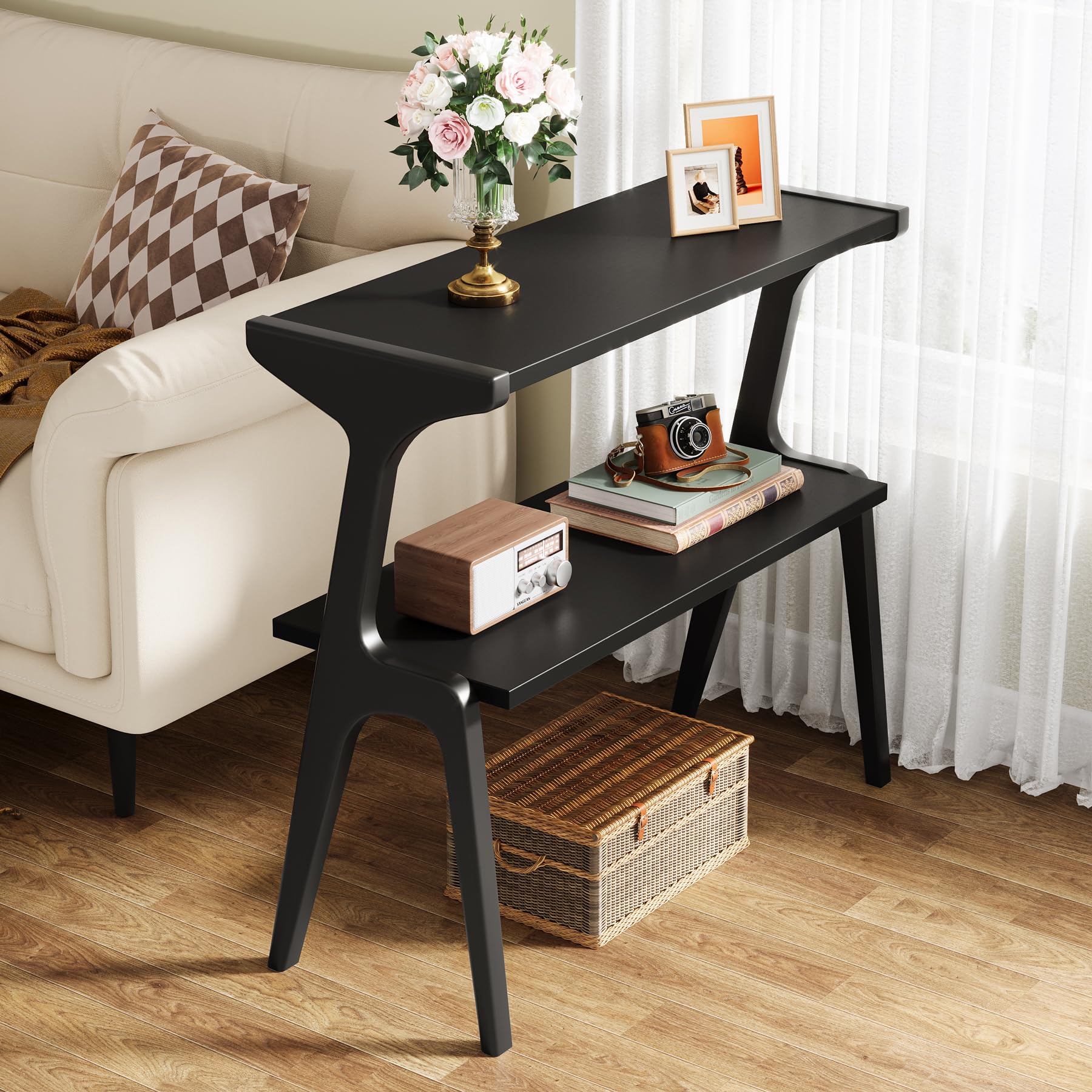Tribesigns Modern 2-tier Solid Wood Side Table for Living Room, Bedroom, Black