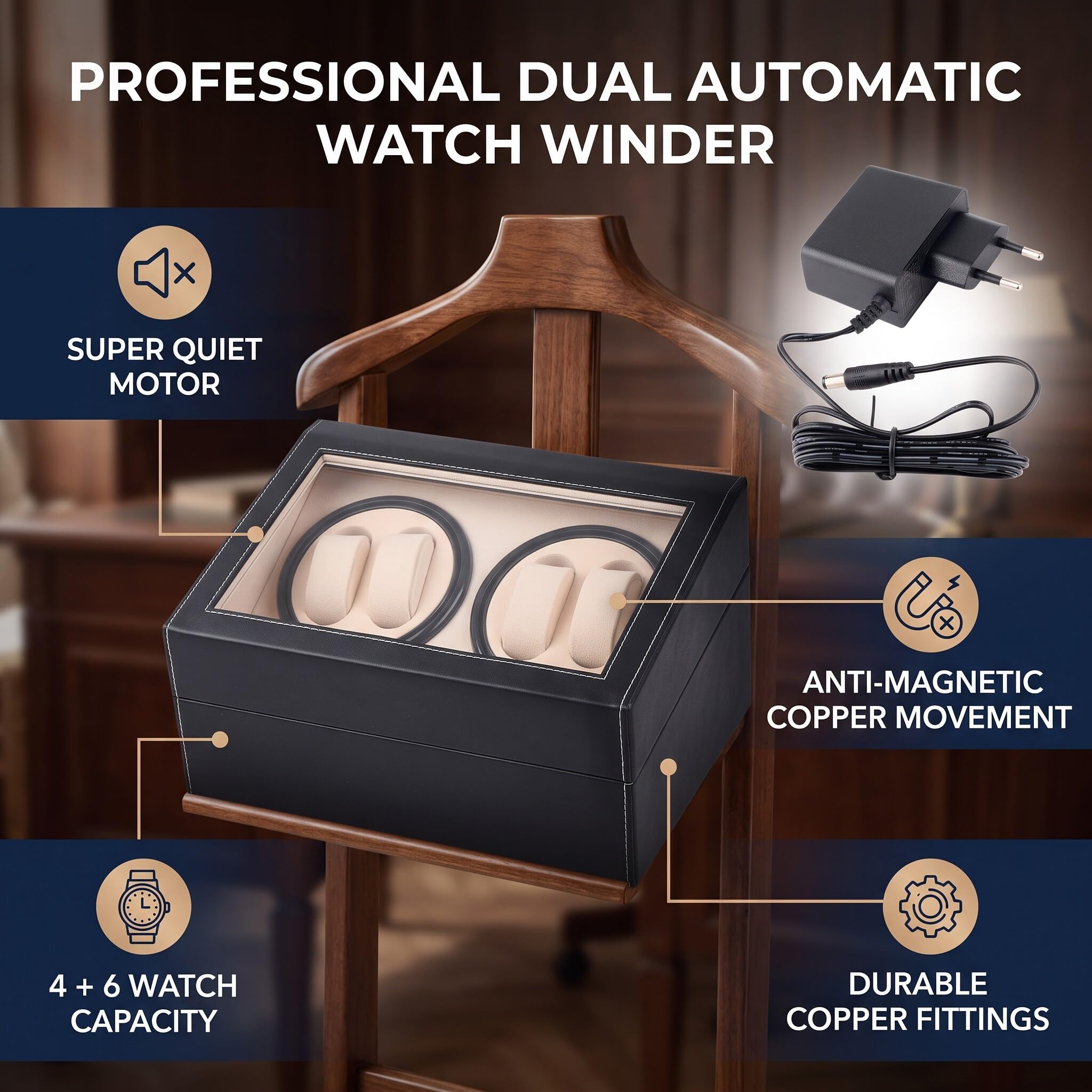 Remontoir Montre Automatique 4 + 6, Rotate Watch Winders Boîte à Bijoux de Rangement en Cuir PU Boîtier de Montre en Cuir avec Moteur Silencieux 31 x 24 x 18 cm