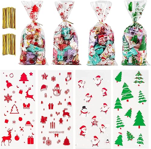 Surtido de 200 bolsas de celofán de Navidad para golosinas navideñas, recuerdos de fiesta, bolsas de dulces, regalos, suministros de fiesta