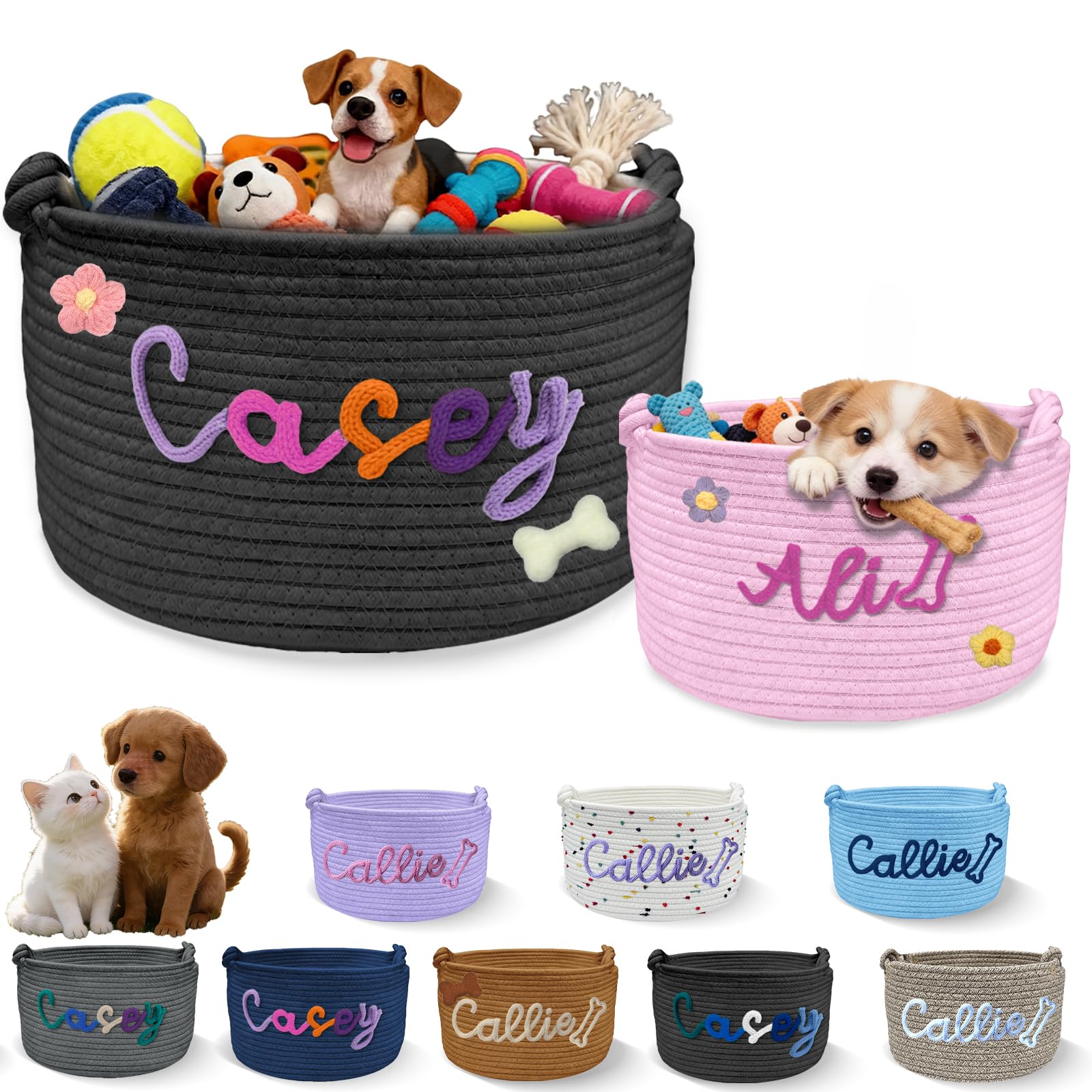 Sastridft Personalised Dog Toy Basket with Embroidery Name Custom Cotton Rope Pet Storage Bin for Toys Treats Large Capacity Storage Bin with Handle Home Organizer & Pet Gift