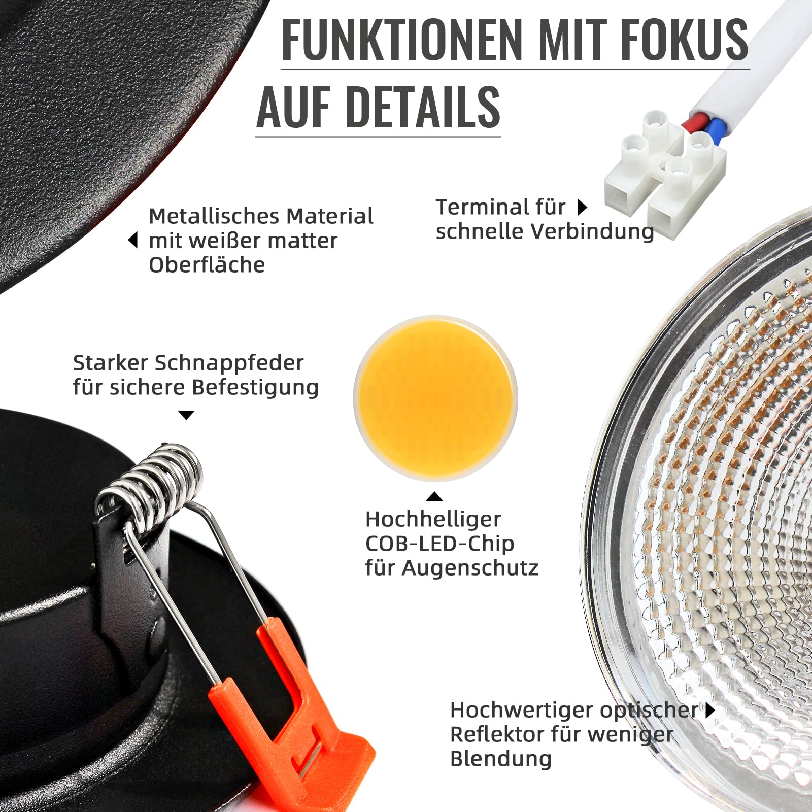 6er LED Einbaustrahler 230V Dimmbar 7W 3000K IP44 Ø65-88mm Schwarz