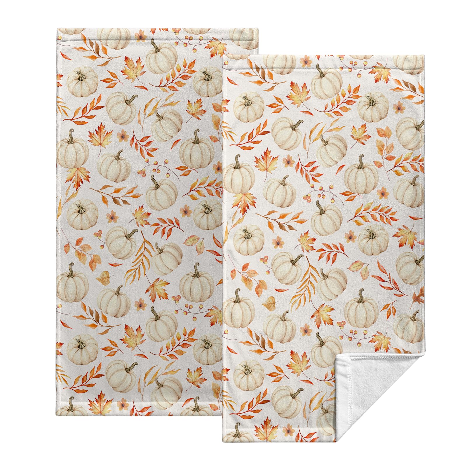 Kwlegh Autumn Pumpkin Hand Towels Fall Bathroom Towels Harvest Thanksgiving Dish Towels 14.4x28.3 Inch Orange Maple Leaves Absorbent Kitchen Towel for Hotel Guest Room Gym Spa 2Pcs โ image 1