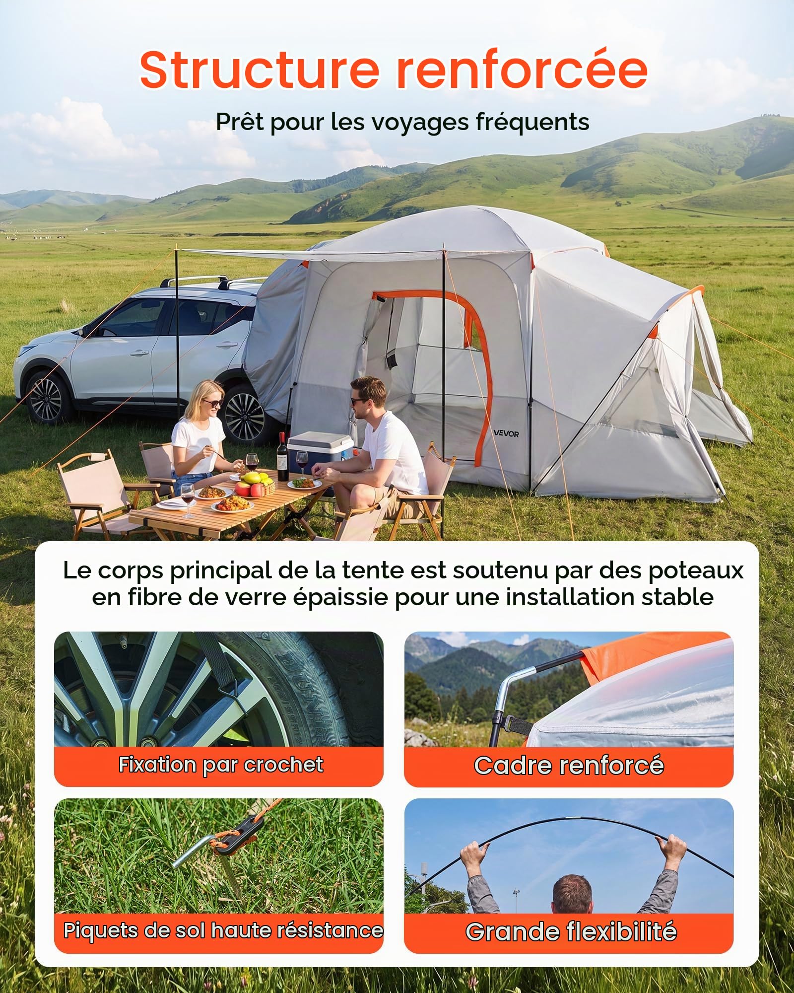 VEVOR Tente Arrière SUV, Tente de Camping pour Voiture 396,4x305 cm Capacité 5-9 Personnes, pour Randonnée Voyage en Plein Air, Auvent de Hayon Imperméable PU2000 mm, avec Fenêtres Ventilées