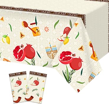 2 Pack Rosh Hashanah Tablecloth, Waterproof Shana Tova Plastic Table Covers 51x87 Inches, Rectangular Jewish New Year High Holy Day Decorations, Dining Room and Kitchen Table Decor