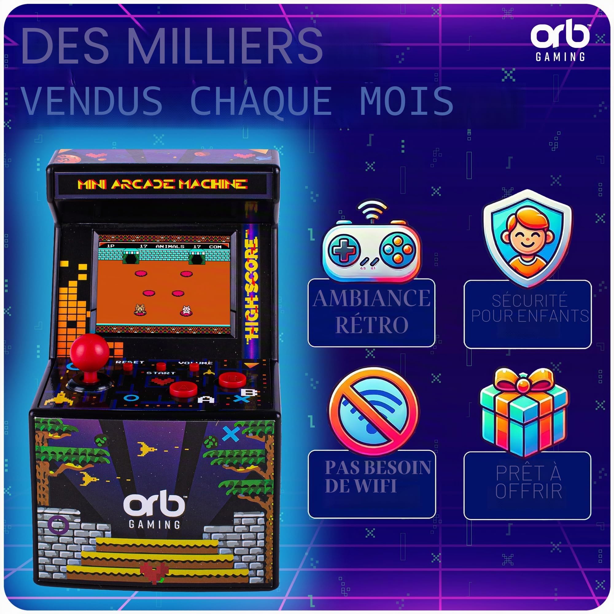 Orb Mini Machine d'arcade, 300 Jeux intégrés, Jeux d'arcade rétro 8 Bits, écran Couleur 2,5", Joystick 8 Voies, 2 Boutons, contrôle du Volume