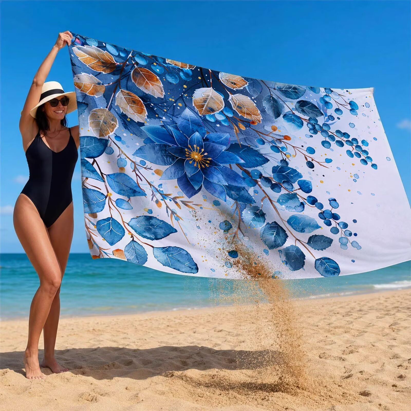 Azul Toalla Playa 160x220 Resistente a la Arena Secado rápido Ligero, Toalla Playa Grande 220 x 160cm Suave Cómodo como Gym Yoga Sauna Toallas Baño Grandes Exterior Travel Essentials Flor XTLS-3637