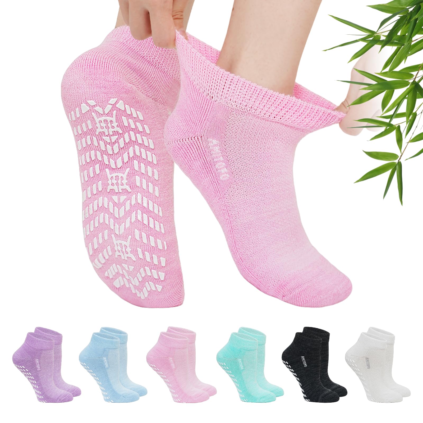 LOFIR Rutschfeste Diabetikersocken aus Bambus für Damen: Diabetiker Stoppersocken ohne Gummibund für Frauen - ABS Kurze Socken mit Frotteesohle für Schwangere Senioren Geschwollene Füße
