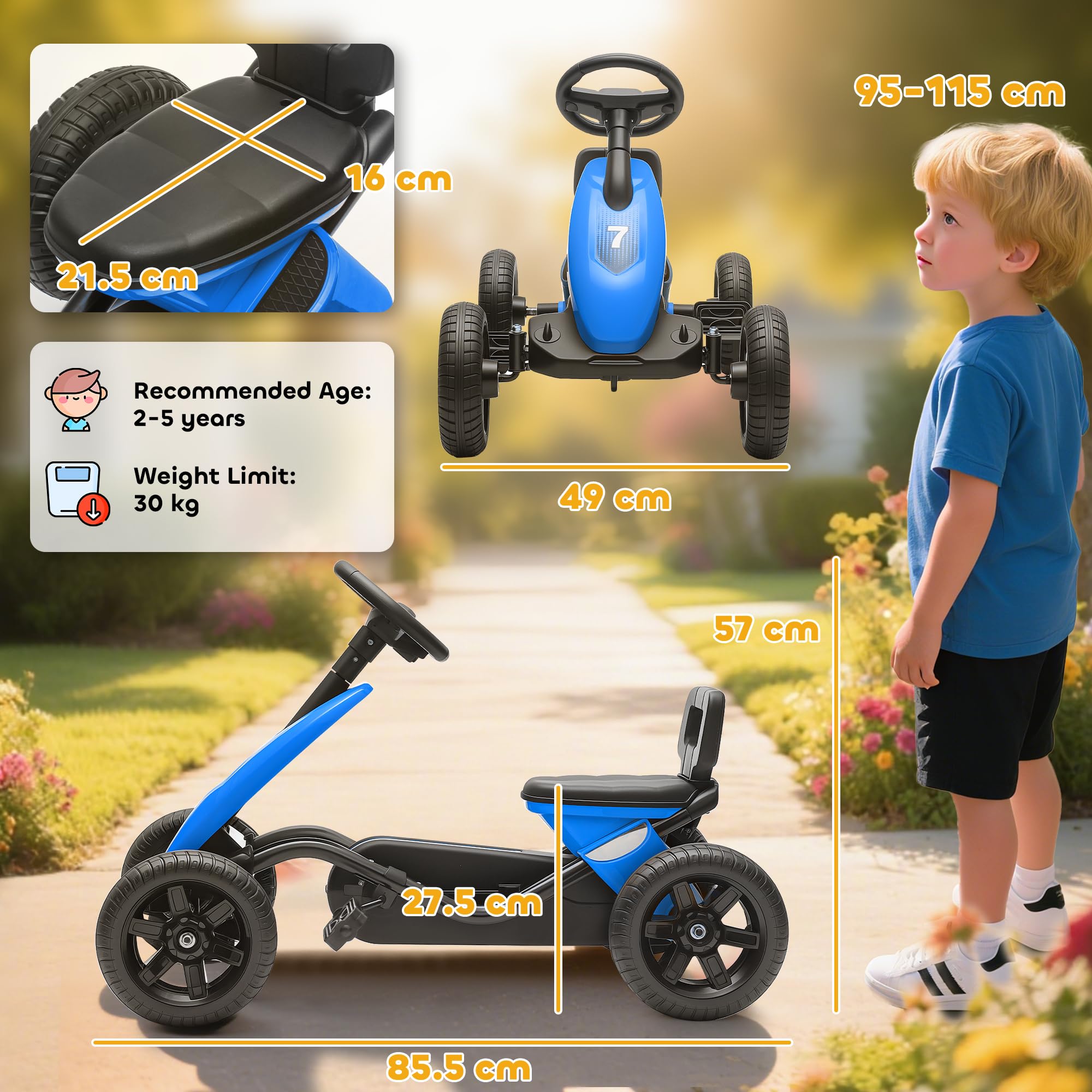 AIYAPLAY Pedal-Go-Kart, leise EVA-Reifen, für 2-5 Jahre, Blau | Kinder-Ride-on-Rennwagen