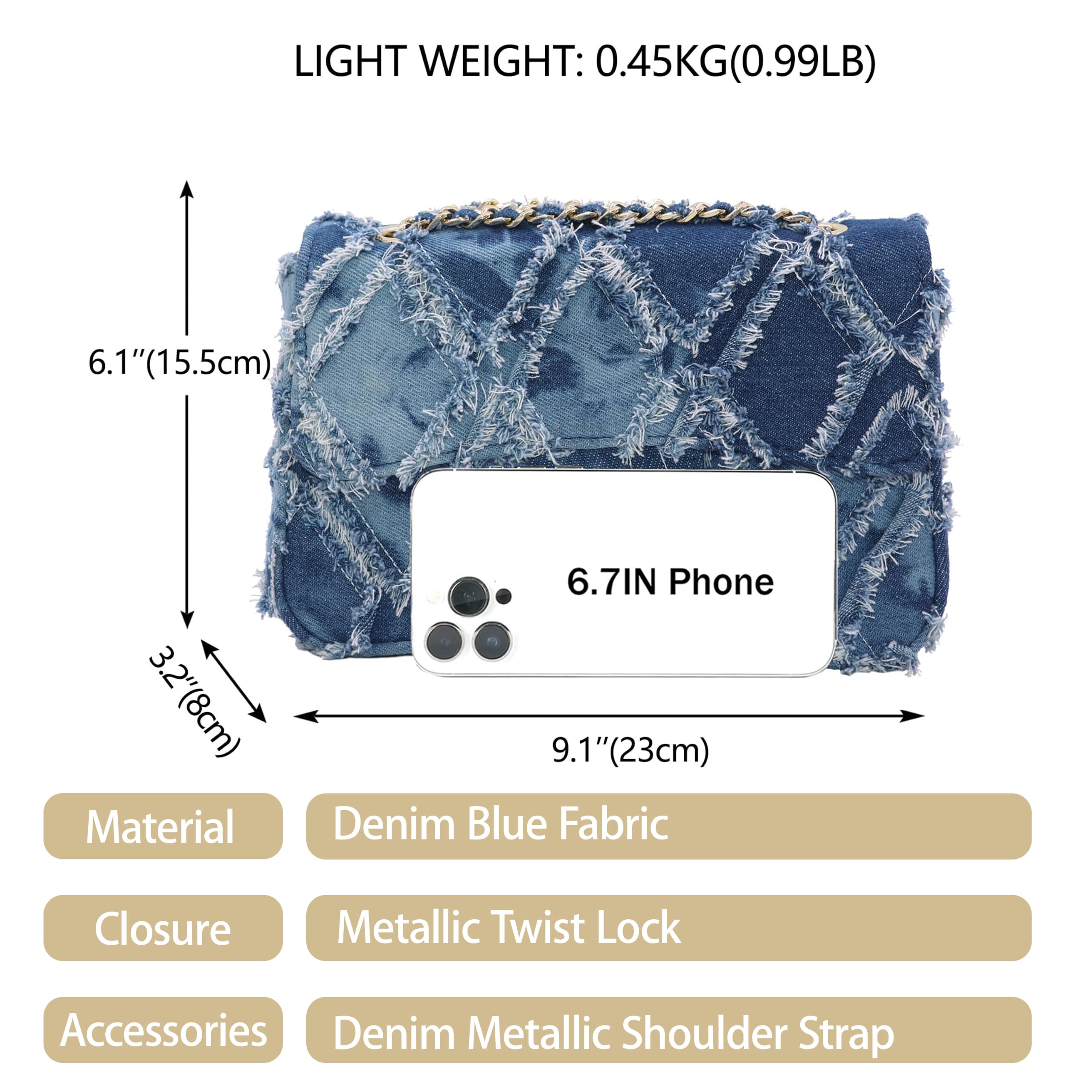 Damen-Umhängetasche, klein, gesteppt, Denim-Tasche, Kette, Clutch, Geldbörsen und Handtaschen oder Crossbody-Tasche für Abendveranstaltungen, formelle Partys