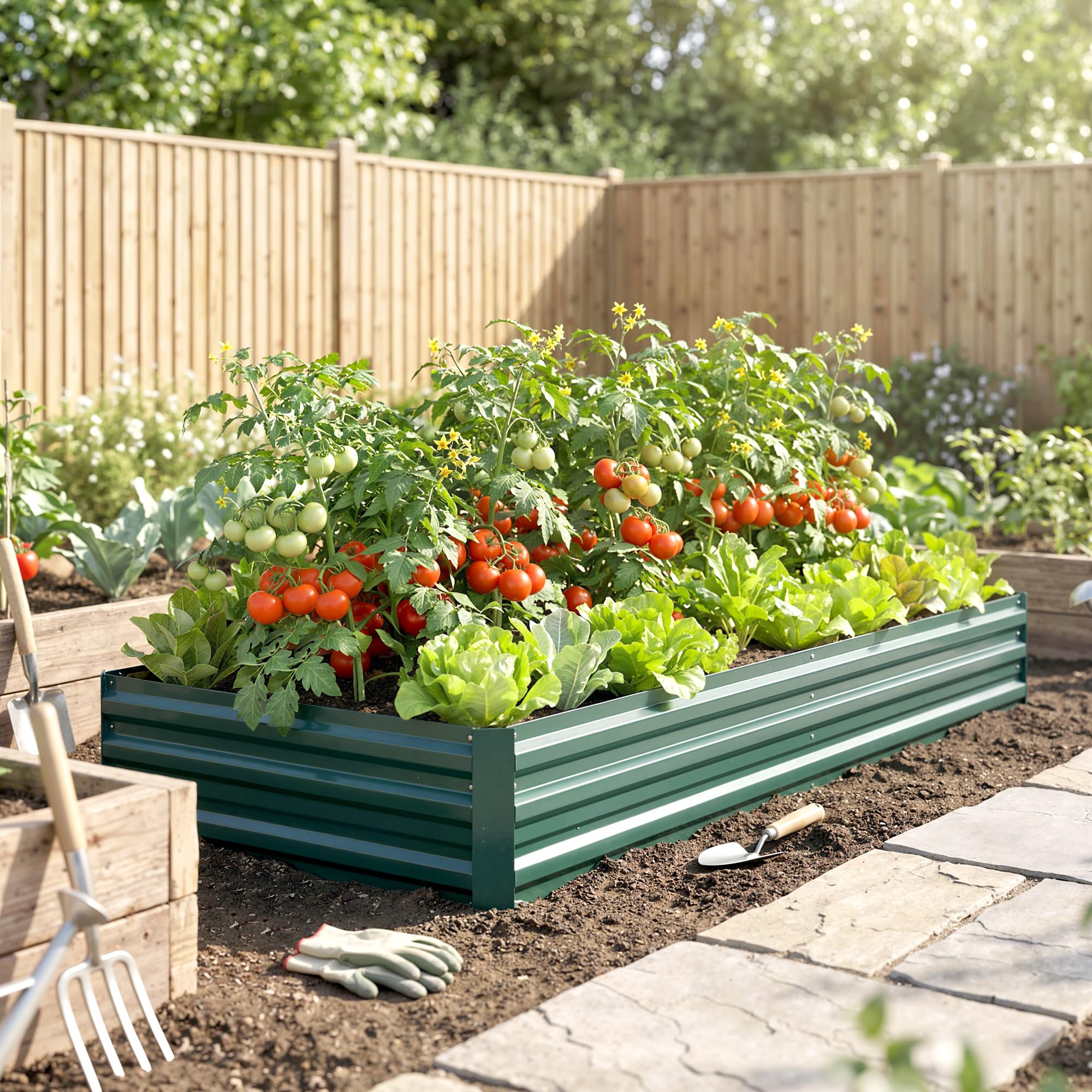 Outsunny Letto per Orto Rialzato da Esterno 628L, Fioriera da Balcone in Acciaio Galvanizzato con Fondo Aperto, per Piante, Fiori e Verdure, 241x90.5x30cm, Verde
