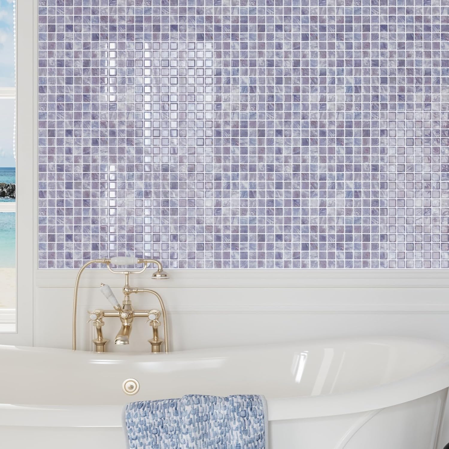 CRE8TIVE 4 Sheets Small Square Peel and Stick Backsplash Mother of Pearl Mosaic Tiles Stick on Backsplash for Kitchen Wall Purple Shell Tile Peel and Stick Waterproof for Bathroom Shower Walls 12"x12"