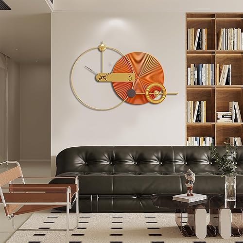Miniatura 6 de Reloj de pared grande de 39 pulgadas, estilo nórdico naranja moderno, funciona con pilas, reloj decorativo de metal silencioso para sala de estar