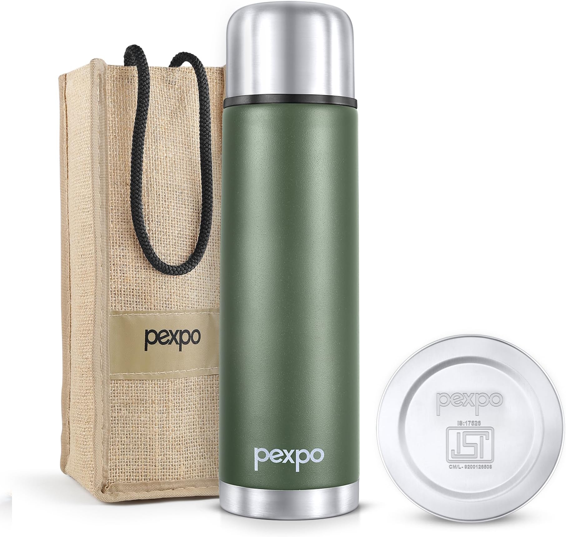 Stainless Steel Water Bottle 1 LTR, ISI Certified, Hot & Cold Flask with Jute Bag | Leak Proof| 2 Year Warranty | for School, Office, Travel & Picnic | Flamingo | Military Green