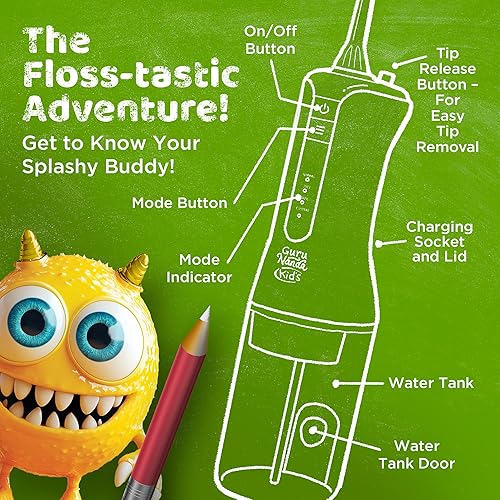 Miniatura 4 de GuruNanda Irrigador dental de agua para niños, 4 modos de hilo dental, 4 boquillas, temporizador inteligente de 2 minutos, a partir de 6 años, tema