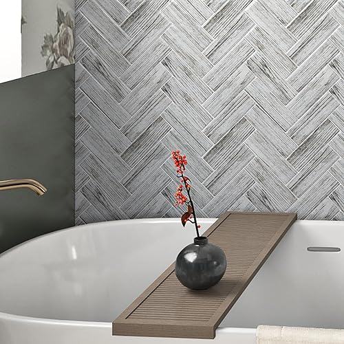 Miniatura 5 de Livelynine Azulejos de madera blanca con diseño de espiga para cocina, 4 azulejos de 12 x 12 pulgadas, azulejos para cocina, azulejos de despegar y