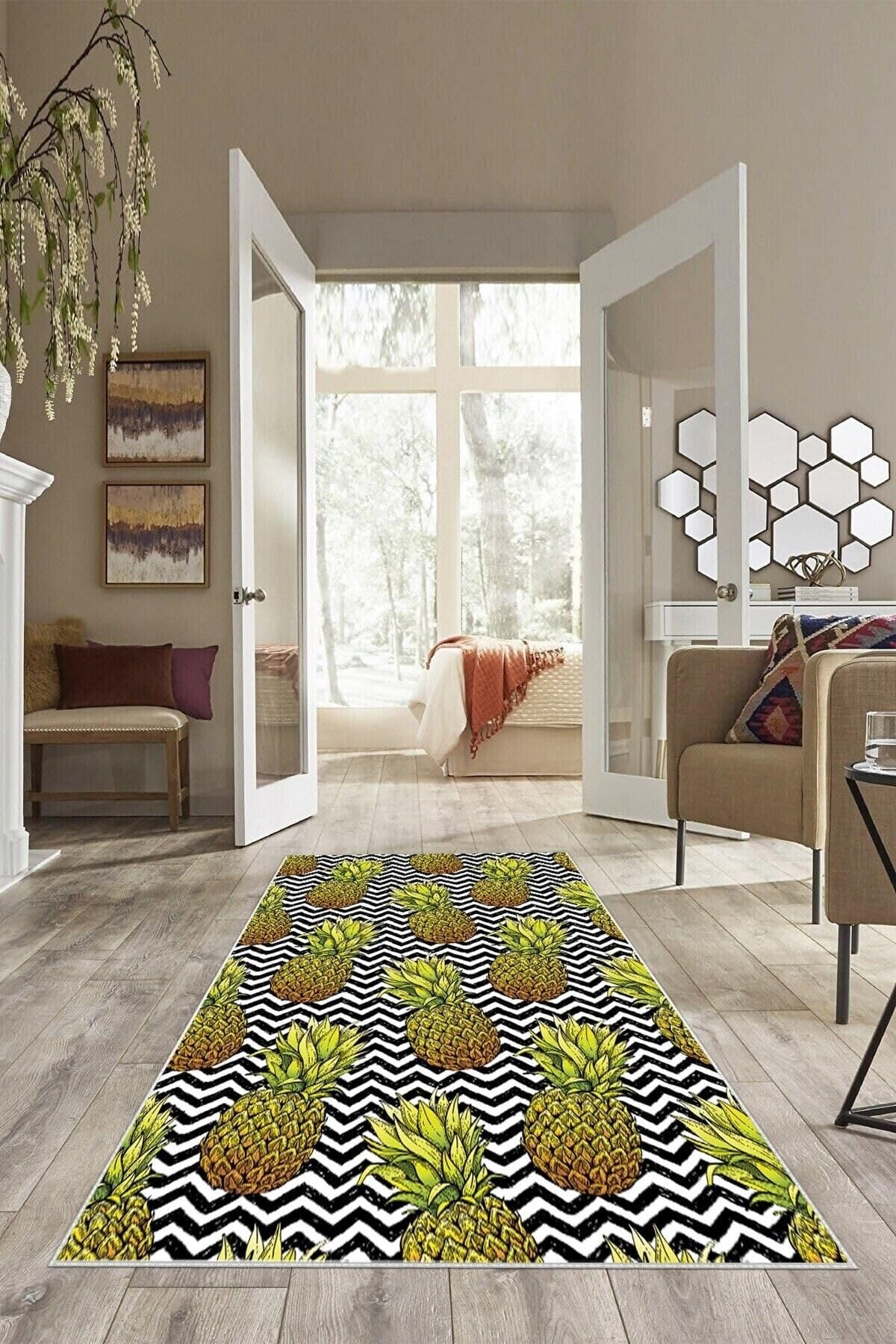 Pelangi Siyah Beyaz Zigzag Ananas Desen Yıkanabilir Kaymaz Taban Leke Tutmaz Modern Salon Halısı Ve Yolluk, Yeşil-Siyah 100 x 300, 135824510030005