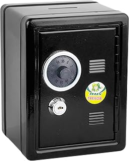 JOLLY Tresor Spardose aus Metall, Schwarz, Zahlen- und Schlüsselschloss, 12x10.5x16 cm, für Kinder geeignet