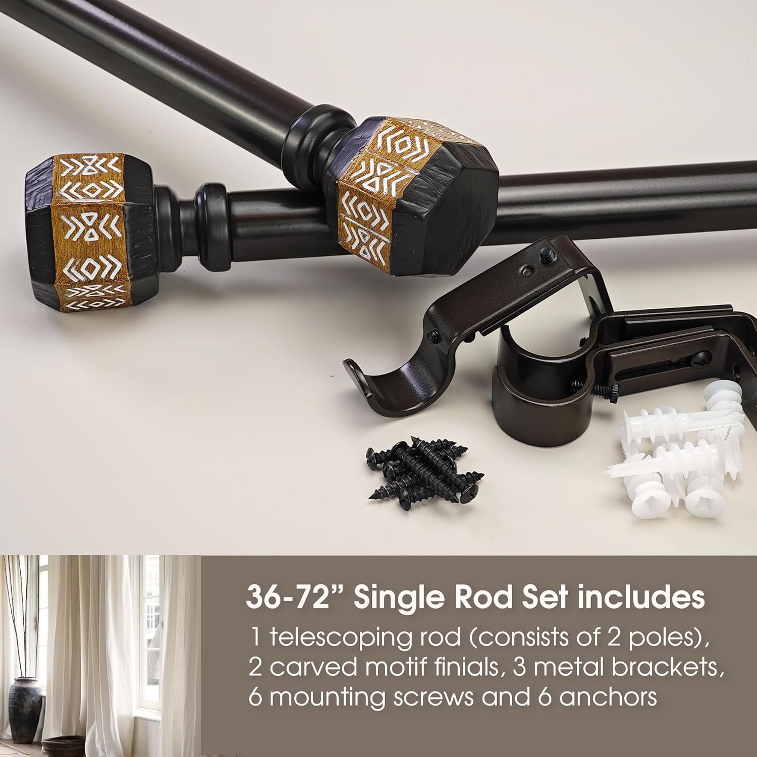 Dark Bronze Curtain Rod Set with Faux Wood Geo Pattern Carved Finial, 36-72 inch, Standard Single Drapery Rod for 1 Pack, 1 inch diameter, Adjustable Length