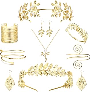 Juego de 9 piezas de accesorios de disfraz de diosa griega para mujer, corona de hoja de laurel dorada, diadema de corona de hoja de laurel, brazalete de espiral, pulsera de perlas, aretes