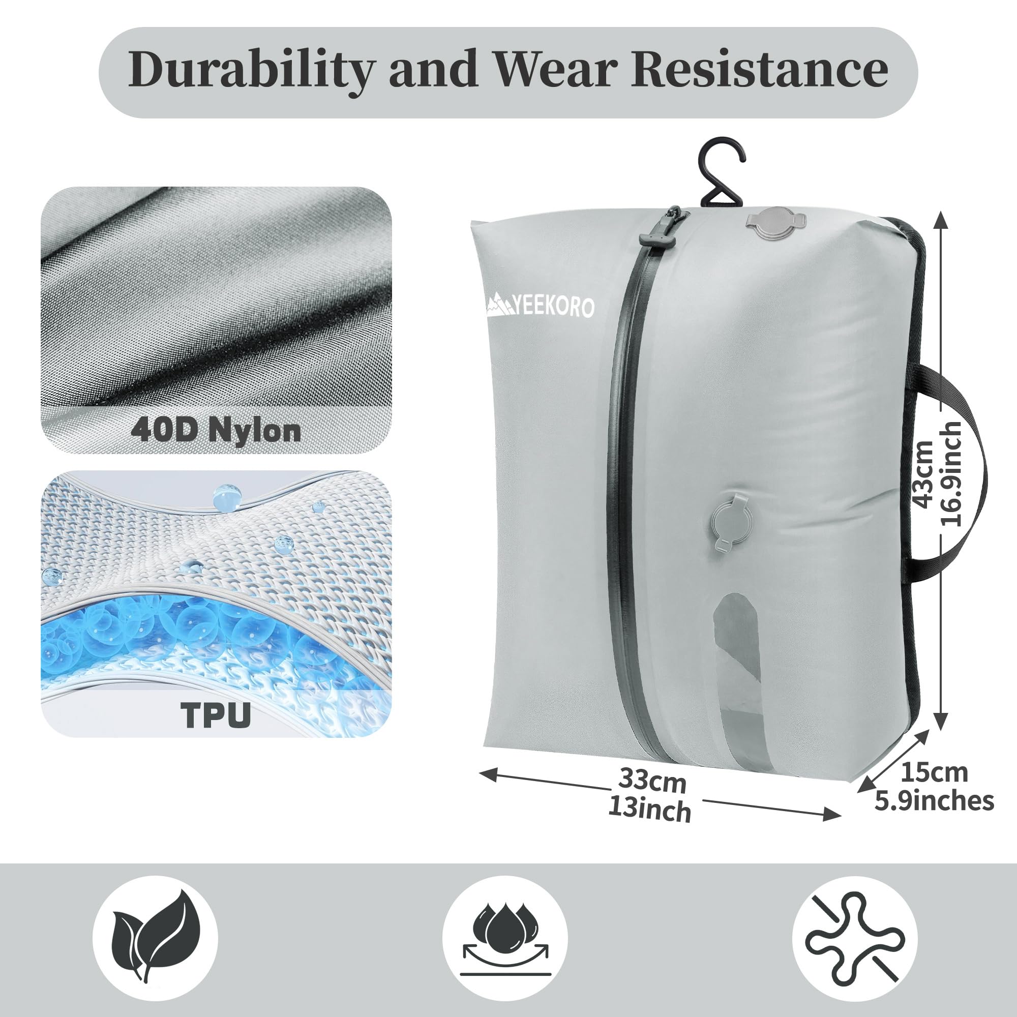 YEEKORO Vacuum Bags for Travel, Professional IP67 Reusable Vacuum Compression Bags for Travel Suitcases, Durable Space Saver Bag (1 PACK GREY,No Pump)