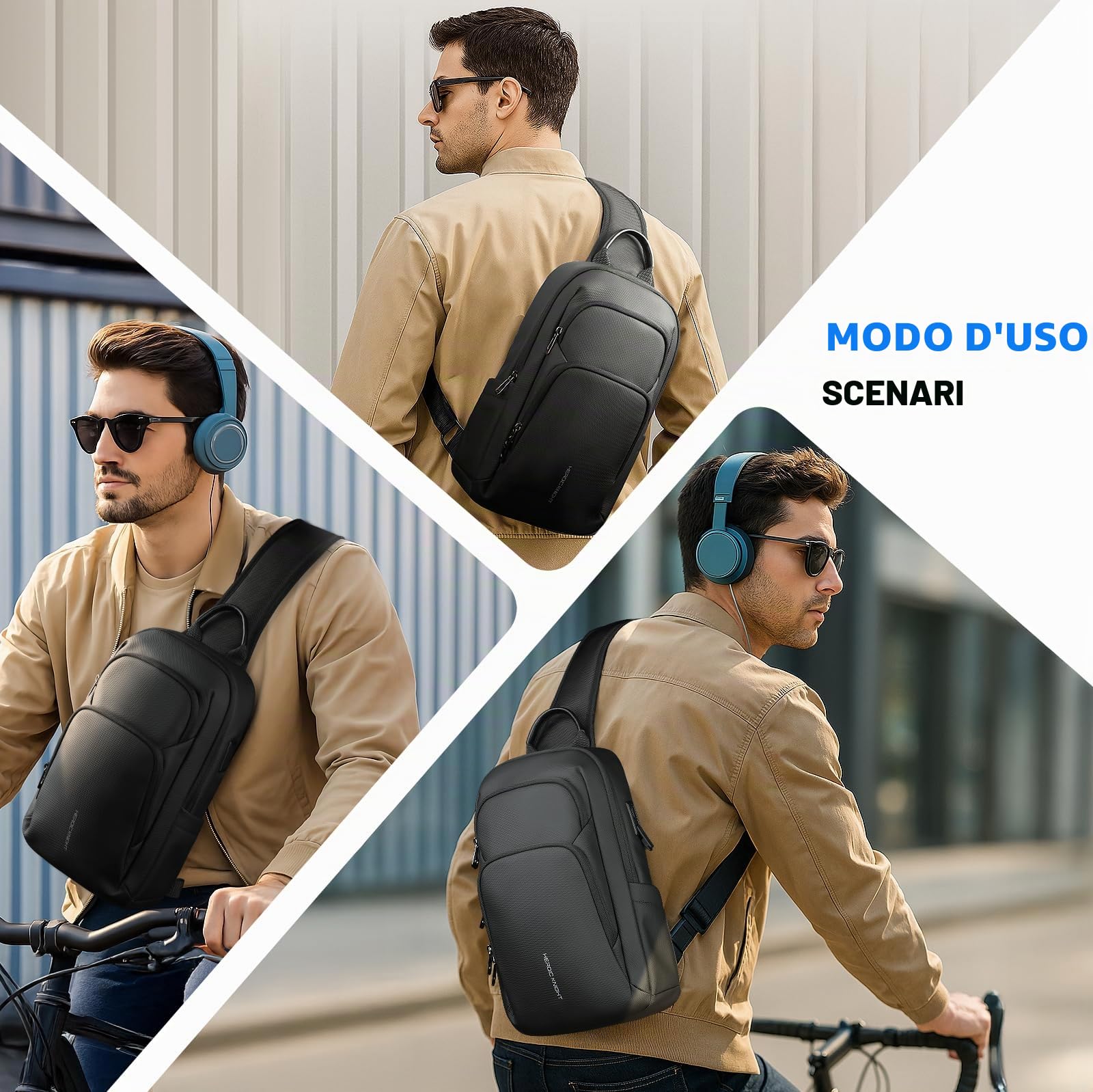 hk Borsa a tracolla da uomo con porta di ricarica USB