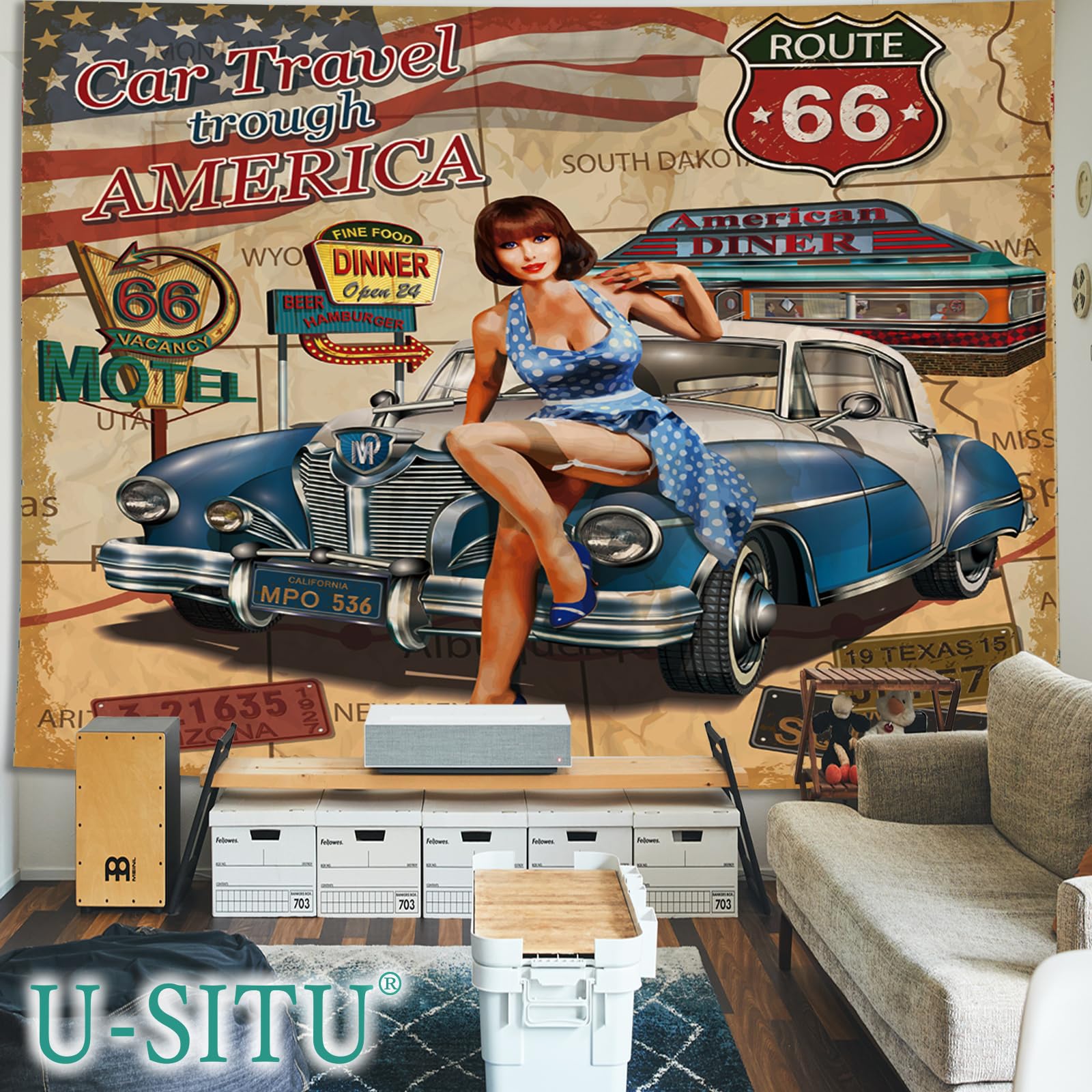 Amazon.co.jp: U-SITU タペストリー クラシックカー ウィンテージ風 車