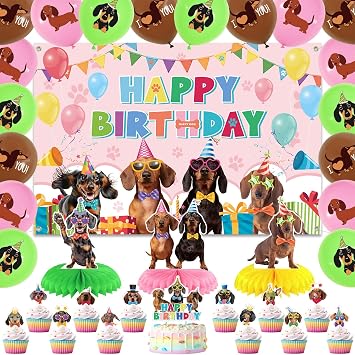 Dachshund Birthday Party Decorations - Dachshund Party Supplies including Happy Birthday Backdrop, Cake Toppers, Table Centerpieces, Balloons BJ