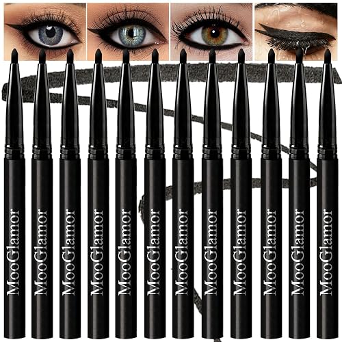MooGlamor 12 Pack Black Gel Eyeliner Pencil Waterproof Retractable Eyeliner