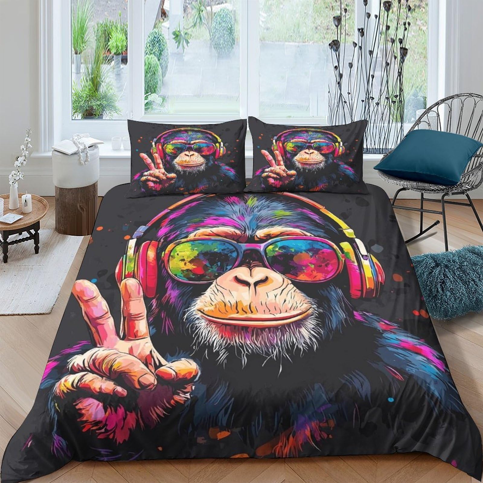 Ctjqhvkz Style-9 3D Printed Colorful Headphone Monkey Fitted Sheet Microfiber Soft Decor Bed Cover For Bedroom Guest Room Single（135X200cm）
