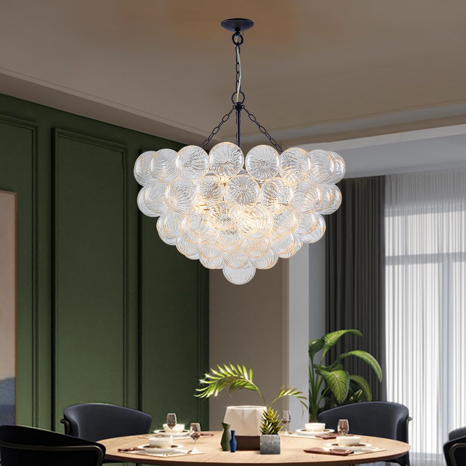 Hand Blown Glass Bubble Ball Chandelier Black Finish 32" Pendant Light Fixture Art Deco Cluster Ribbed Glass Swirled Globe Lighting for Bedroom Dining Room Restaurant Bathroom Entry