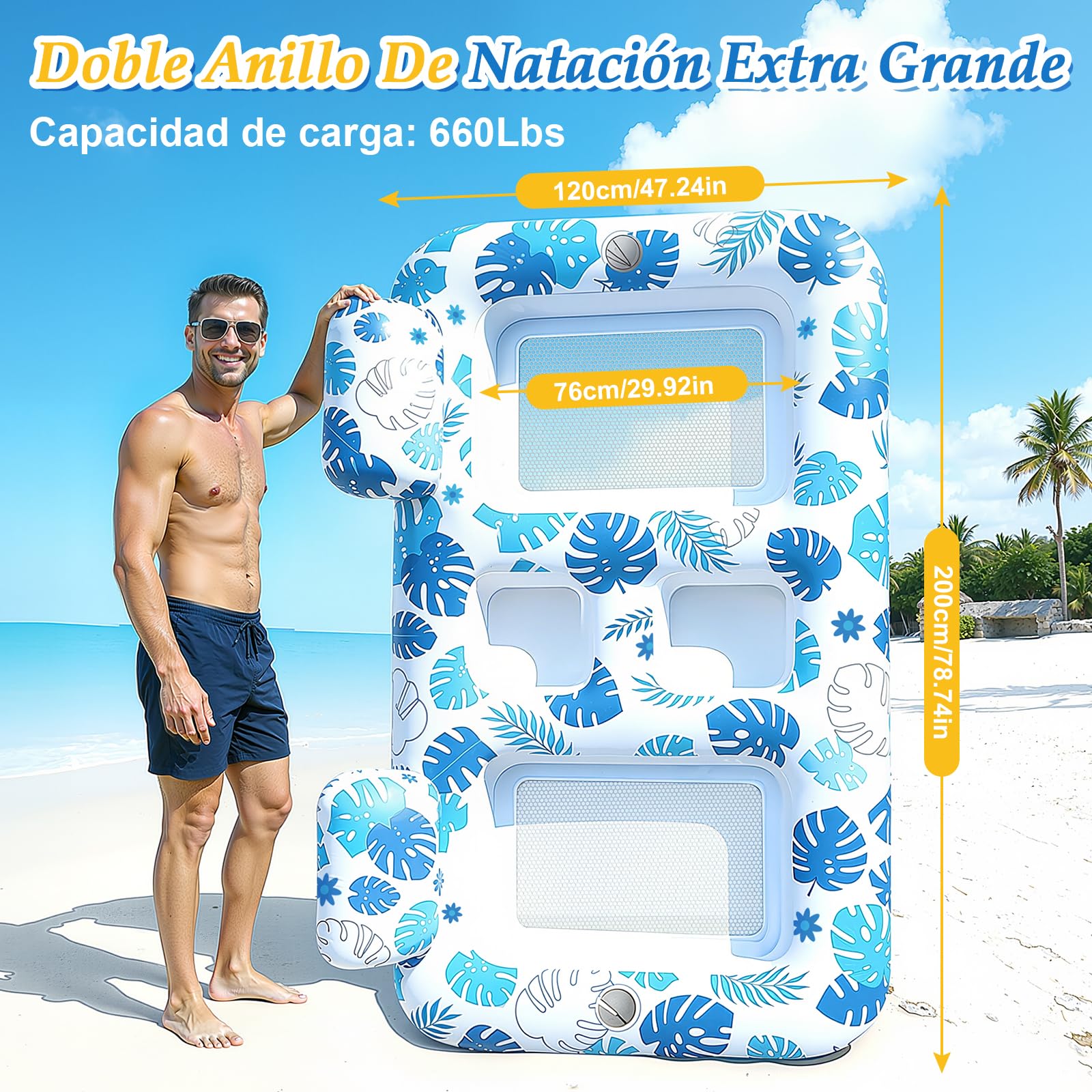 JONRRYIN Colchoneta Piscina Adultos, Colchoneta Playa Grande, Tanning Pool 2 Personas con Portavasos y Barra de Hielo, Piscina Flotadores Adultos 200×120CM para Playa Fiestas Verano