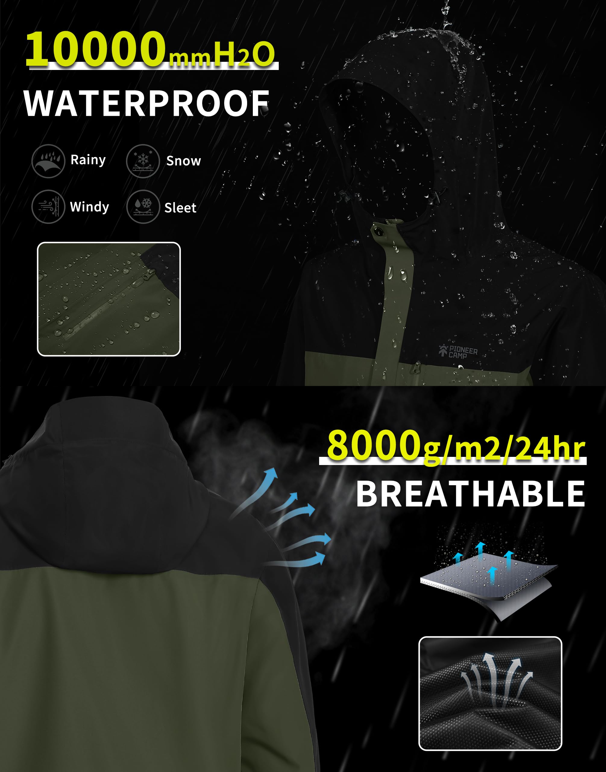 Pioneer Camp Veste de pluie homme - Imperméable et respirante - Avec capuche - 4 poches