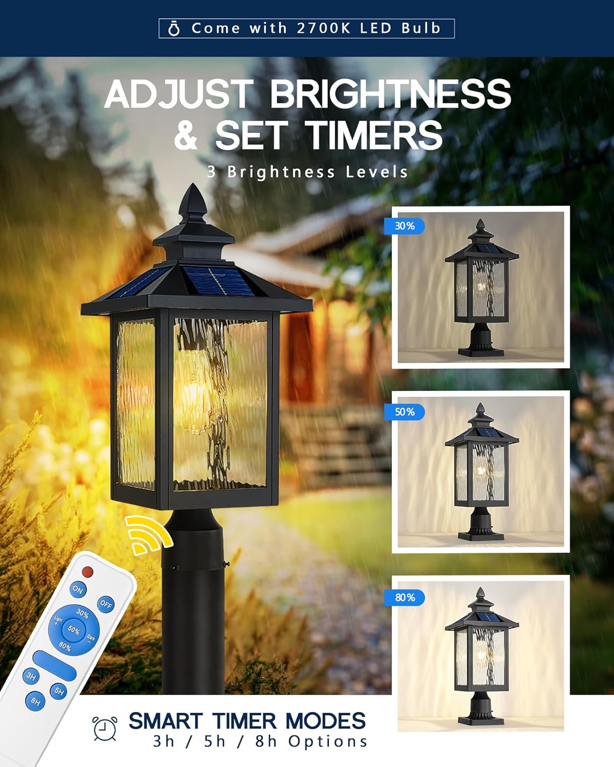 FEMILA Solar Post Lights Outdoor, 20" Dusk to Dawn Outdoor Column Lights Aluminum Glass Solar Lamp Post for Garden Patio Driveway, with Remote Control, 4FYX88P-L SL BK SW