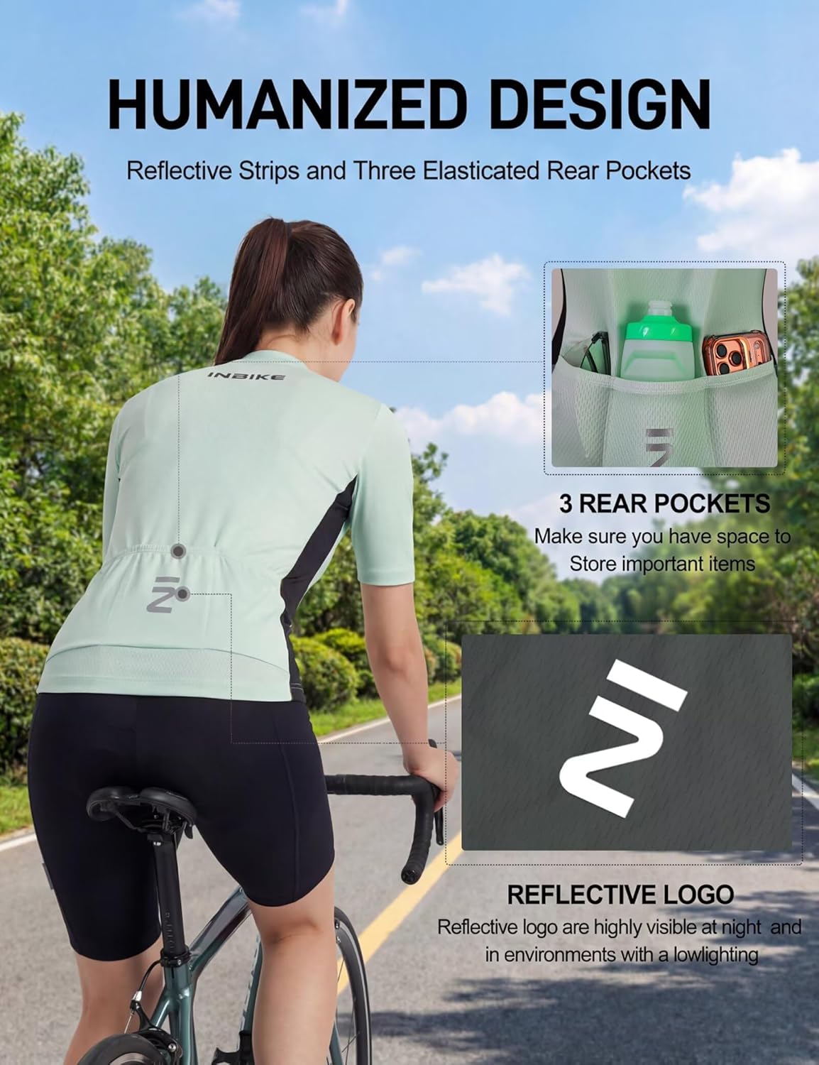 INBIKE Womens Cycling Jersey Sets Road Bike Jersey Breathable Riding Shirts Padded Bib Shorts with Pocket