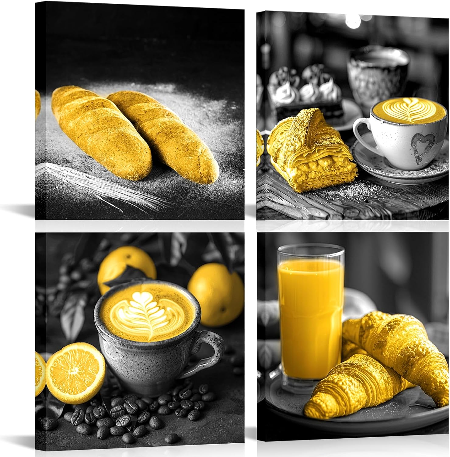 VANSEEING 4 Pieces Kitchen Wall Art Canvas Prints Bread Coffee Breakfast Food Painting Kitchen Picture Wall Decor Yellow Frame Artwork for Dining Room Coffee Shop 12"x12"x4