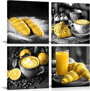 VANSEEING 4 Pieces Kitchen Wall Art Canvas Prints Bread Coffee Breakfast Food Painting Kitchen Picture Wall Decor Yellow Frame Artwork for Dining Room Coffee Shop 12"x12"x4