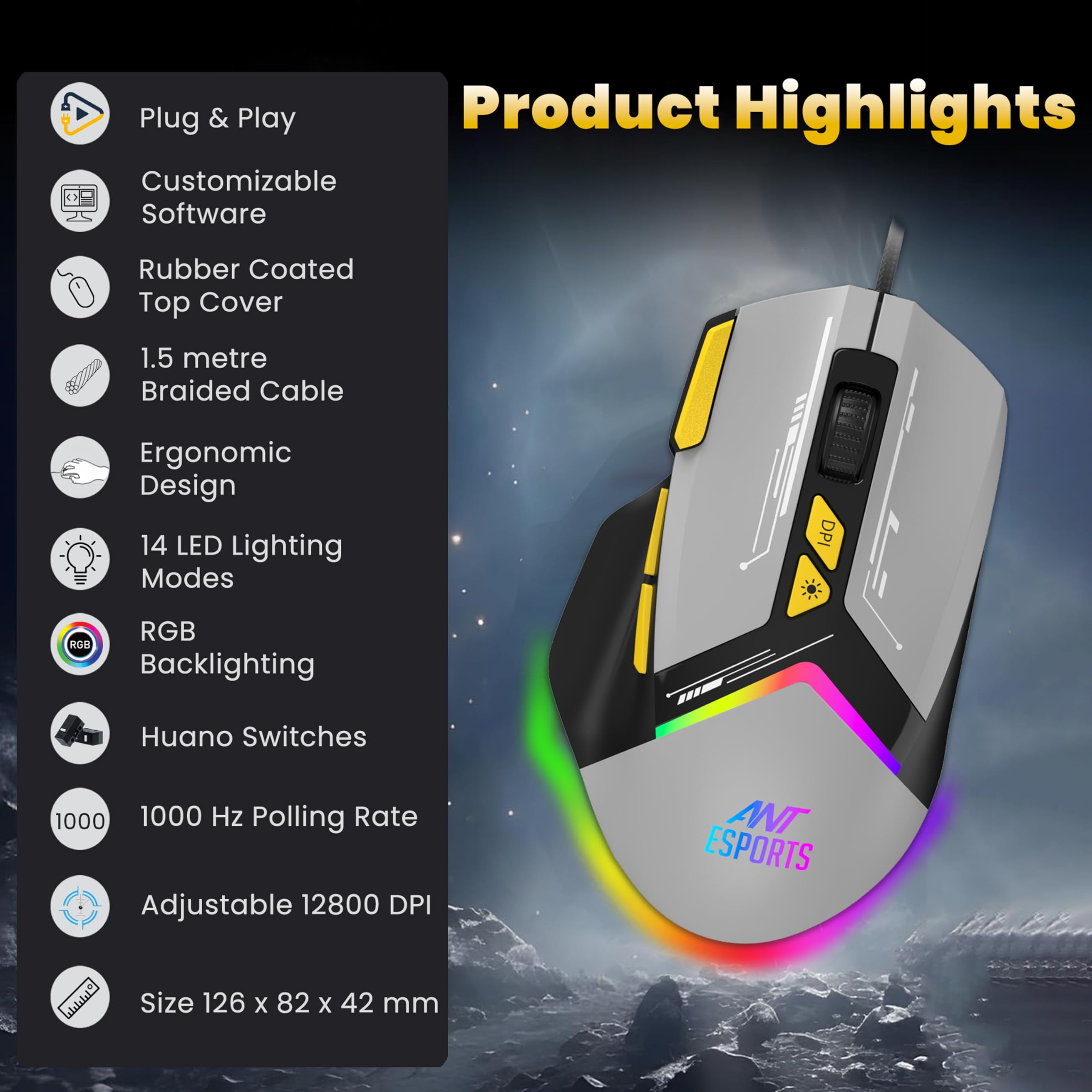 Ant Esports GM333 RGB Wired Gaming Mouse 12800 DPI Optical Mouse 1000Hz Polling Rate 8 Programmable Buttons Huano Switches Ergonomic Design Backlit Lighting Braided Cable PC Laptop FPS MMO Accessory — Amazon image 2